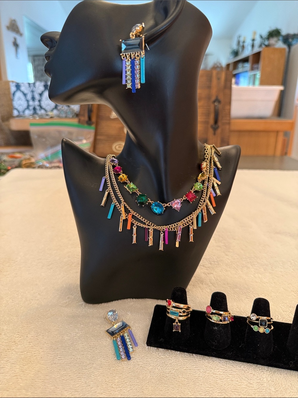 TWO Gold Multicolor Fringe Necklaces, Earrings & Stackable Rings